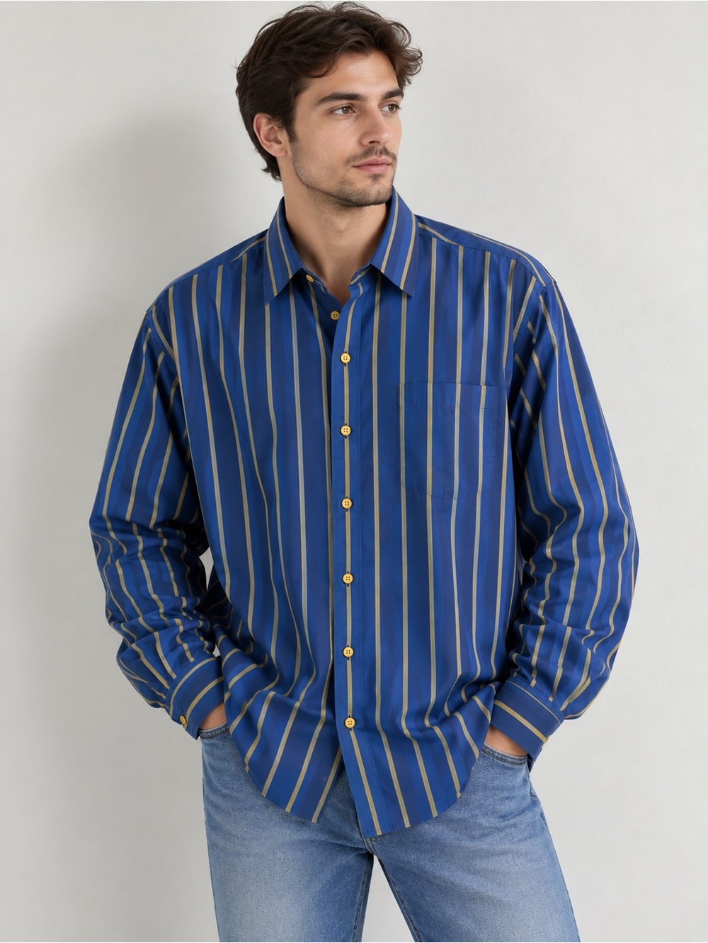 Paul Fredrick Navy Blue and Gold Vertical Stripe Button-Down Shirt